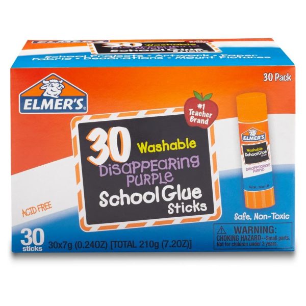 Elmer's Disappearing Purple School Glue Sticks, Washable, 7 Grams, 30 Count - Poster, Vision Board, Back to School, Bulk Pack for Classrooms, #1 Teacher Brand elmer ker