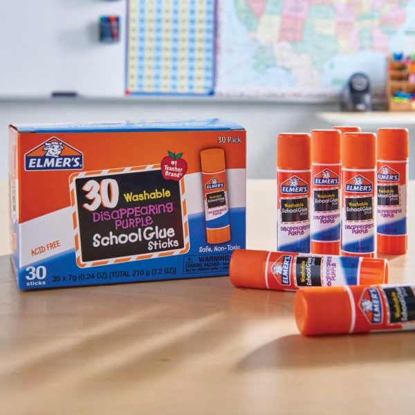 Elmer's Disappearing Purple School Glue Sticks, Washable, 7 Grams, 30 Count - Poster, Vision Board, Back to School, Bulk Pack for Classrooms, #1 Teacher Brand school