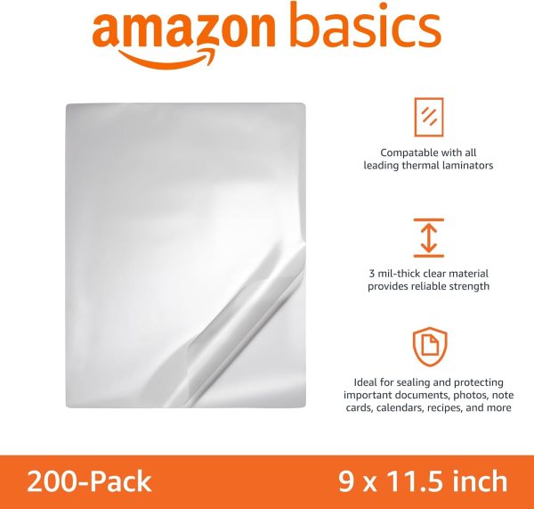 Amazon Basics Clear Thermal Laminating Plastic Paper Laminator Sheets, 9 x 11.5-Inch, 200-Pack, 2.8mil clearbit