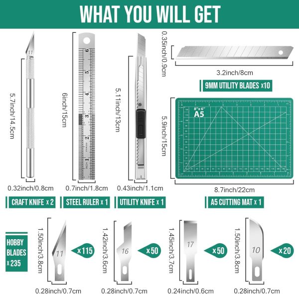 DIYSELF 250 Pcs Exacto Knife, Craft Knife, Hobby Knife, Precision Knife, Exacto Knife for Crafts, Modeling, Scrapbooking, 2 Exacto Knives with Extra 235 Exacto Blades (#11#10#16#17) pcs