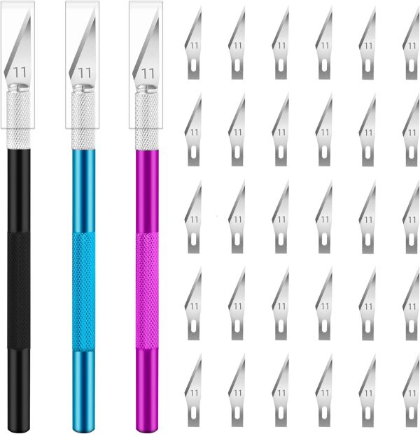 Exacto Knife, 3 Exacto Knives with 30 Exacto Blades #11, Craft Knife, Hobby Knife, Precision Knife, Exacto Knife Set for Crafts, Arts, Modeling, Scrapbooking (Purple-Blue-Black) settings
