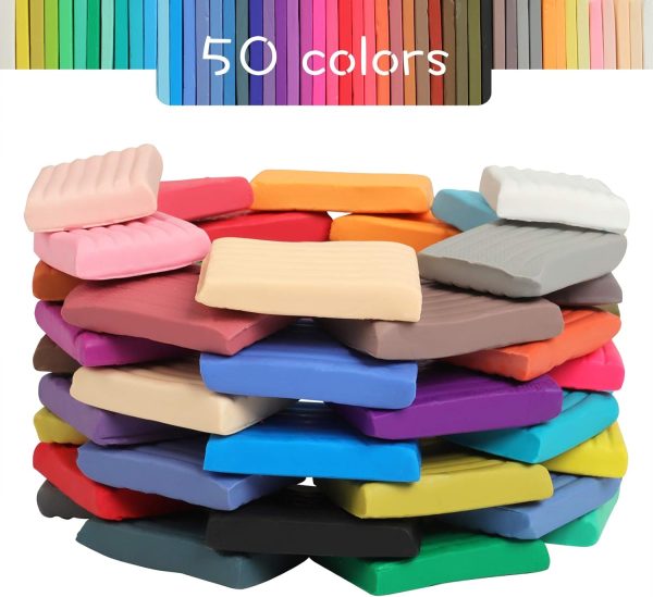 Polymer Clay 50 Colors, Modeling Clay for Kids DIY Starter Kits, Oven Baked Model Clay, Non-Sticky Molding Clay with Sculpting Tools, Gift for Children and Artists (50 Colors) clayton