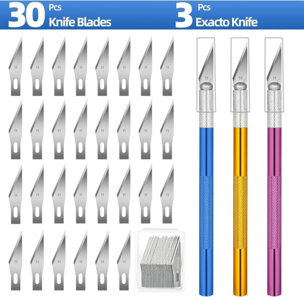 3 PCS Exacto Knife, Hobby Knife, Craft Knives with 30 PCS Spare Exacto Knife Blades(#11),Profession Craft Knifes for Crafts, Arts, Modeling, Scrapbooking, Stencil By XEKIGU, AK0103 crafty crab