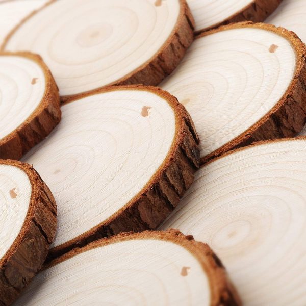 Fuyit Natural Wood Slices, 30 Pcs 3.5-4 Inch Unfinished Predrilled Wooden Circles Tree Slice with Hole & Barks for DIY Arts Craft Christmas Ornaments slices