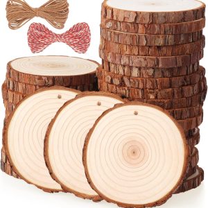 Fuyit Natural Wood Slices, 30 Pcs 3.5-4 Inch Unfinished Predrilled Wooden Circles Tree Slice with Hole & Barks for DIY Arts Craft Christmas Ornaments natural