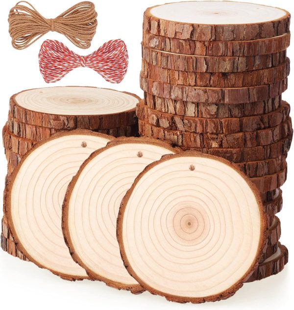 Fuyit Natural Wood Slices, 30 Pcs 3.5-4 Inch Unfinished Predrilled Wooden Circles Tree Slice with Hole & Barks for DIY Arts Craft Christmas Ornaments natural