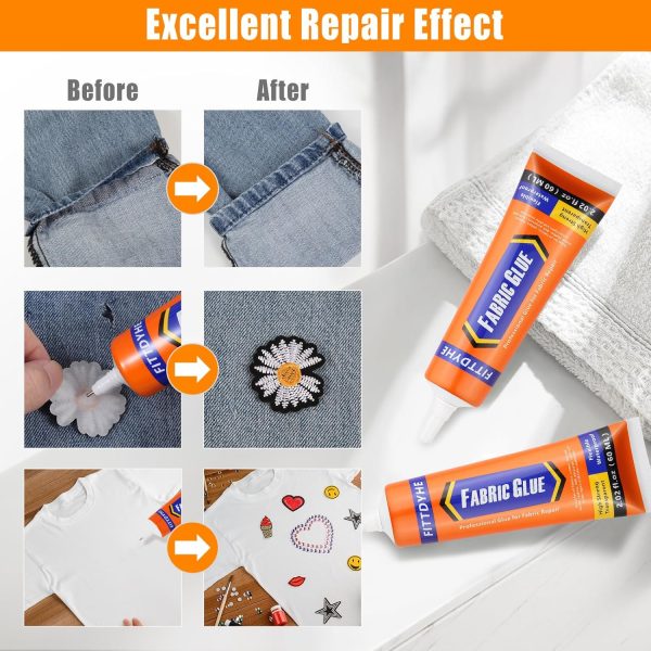 Fabric Glue Permanent, 60 ML Washable Clear Clothing Glue, Super Fabric Adhesive for Rhinestones, Patches, Clothes, Denim, Leather, Polyester, Fabrics, Doll Repair, Flannel, Cotton-3