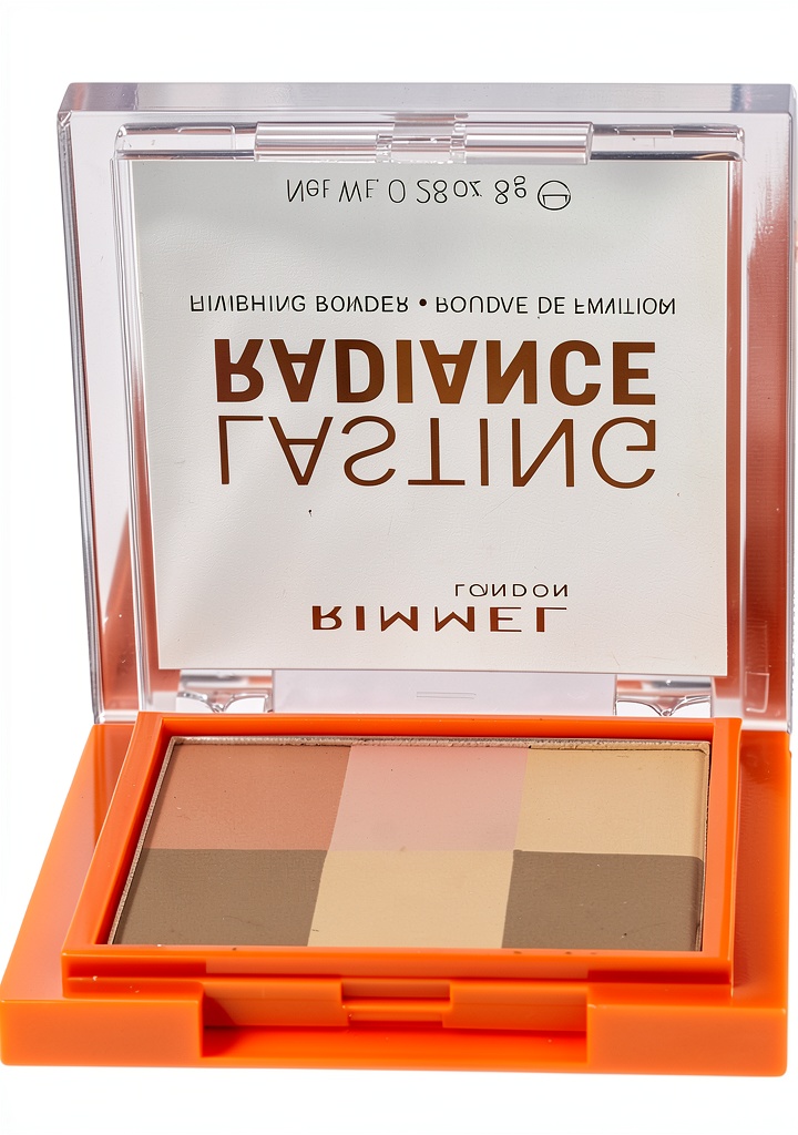 Installing Poudre Rimmel Lasting Finish Radiance 002 Teint Beauté on a wooden desk