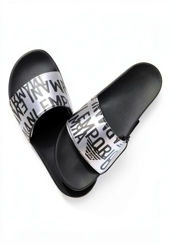 Emporio Armani Sandale Slide Homme Métal Brillant 43 EU Silver Black-3